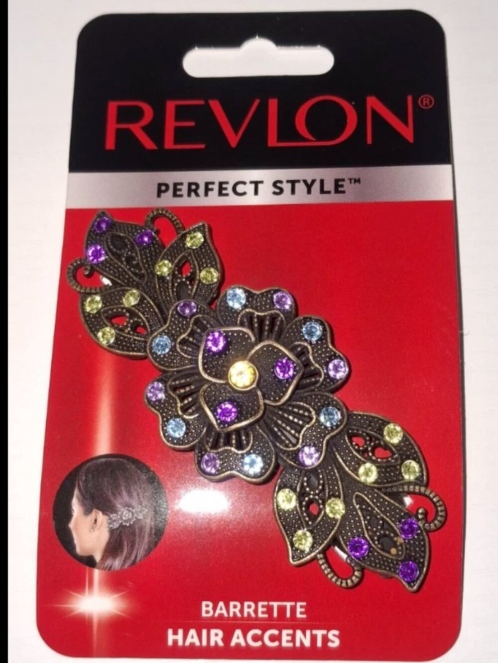 Revlon Perfect Style Barrette Hair Clip Rhinestone Floral New In Original Packag